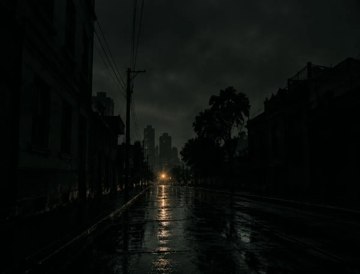 Calle urbana oscura y lluviosa durante la noche.