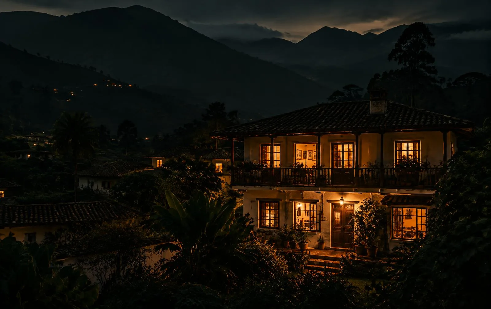 Casa iluminada con luz cálida en sus ventanas durante la noche.