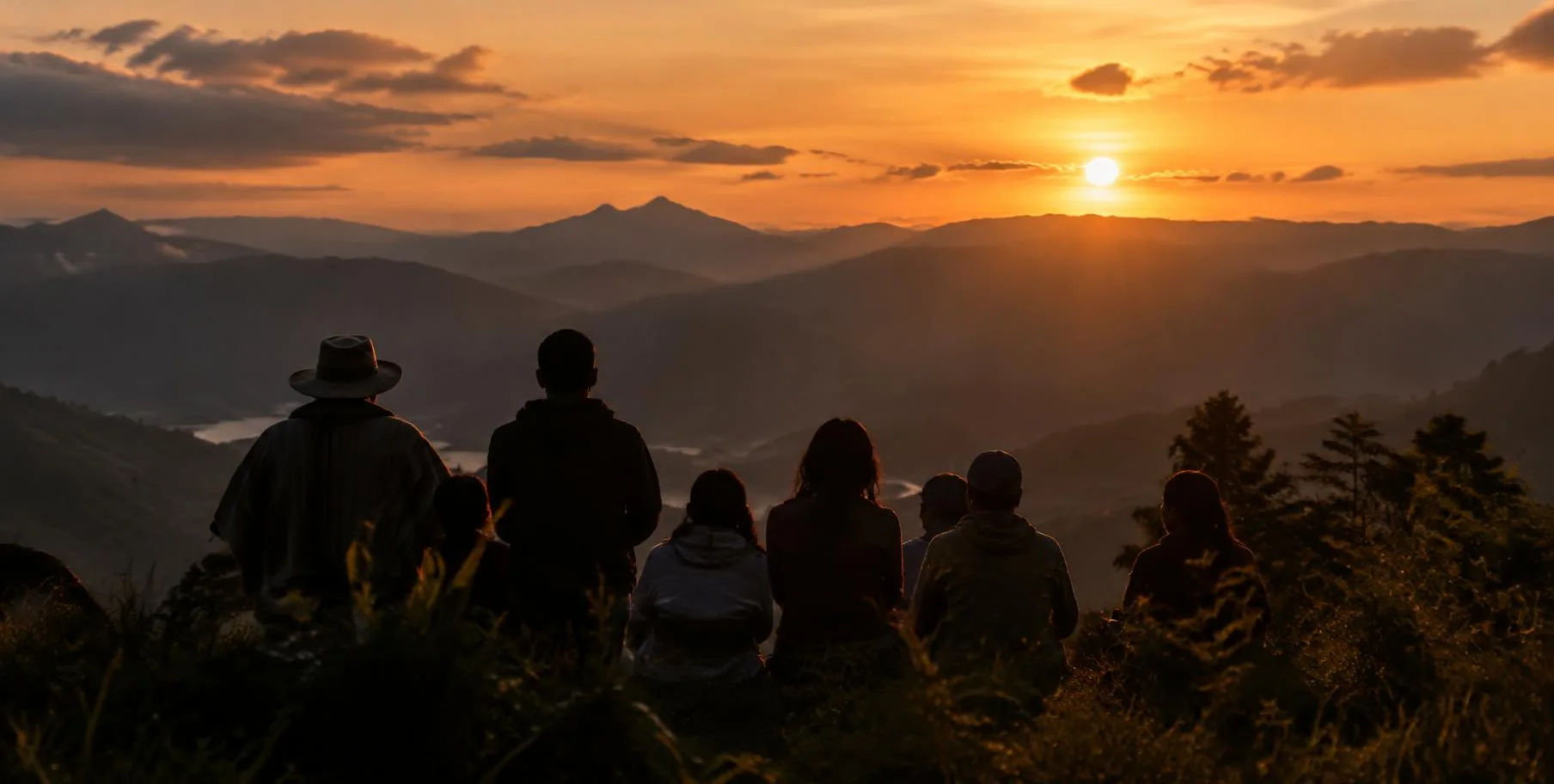 Grupo de personas reunidas al atardecer, unidas por un propósito común.