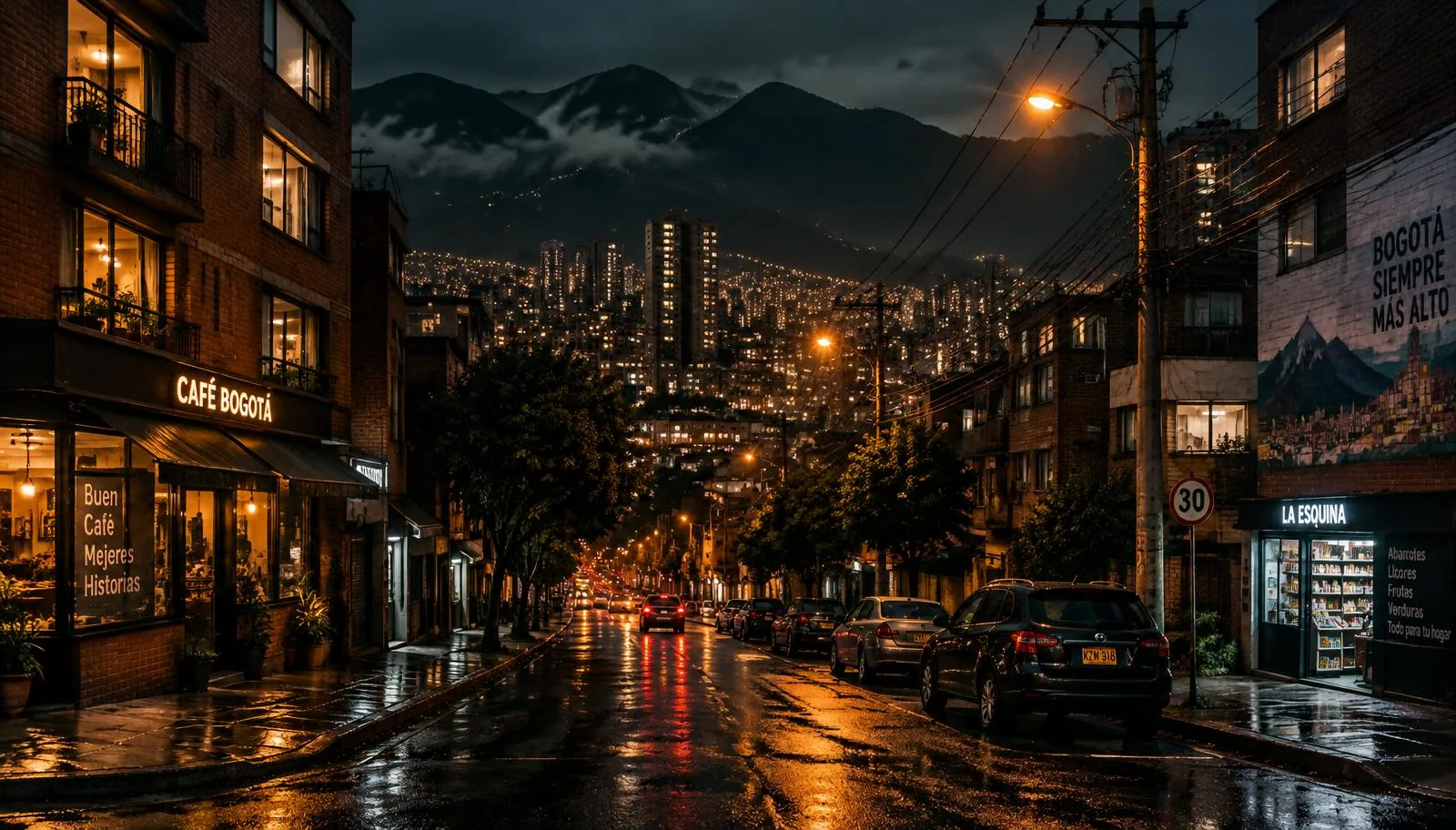 Calle de Bogotá de noche con todas las luces de la red encendidas.