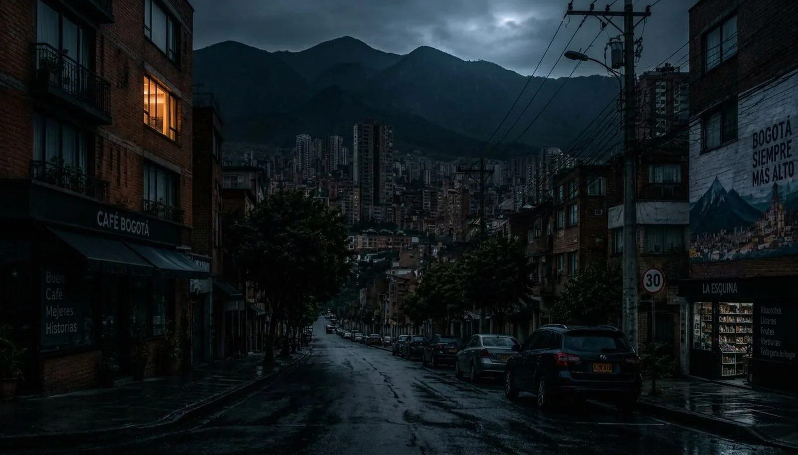 La misma calle durante un apagón: todo a oscuras salvo una ventana con luz propia.